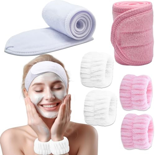 BTIYMU 6 Pièces Bandeau Cheveux Femme Maquillage Bracelet de Lavage Poignet Visage Esthétique, Serre Tete Maquillage Spa Reglable Bandeau Soin Visage Demaquillage Manchette Skincare Set(Blanc, Rose)