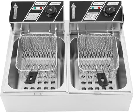 Grande friggitrice doppia doppia in acciaio inox professionale - 2 x 2,5 kW, capacità per contenitore 6 litri, intervallo di temperatura regolabile 140-392 °F, adatto per uso commerciale e pre