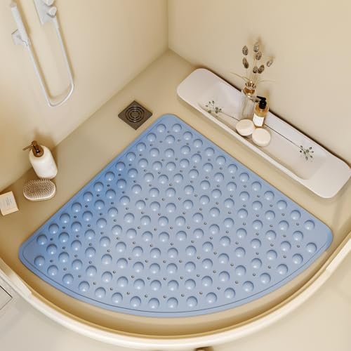Tappeto Doccia Antiscivolo Angolare 65x65cm,Tappetino Doccia Antiscivolo Triangolare,Tappetino Doccia con Ventose e Fori di Drenaggio,Tappeto Doccia per Doccia e Bagno (Blu)