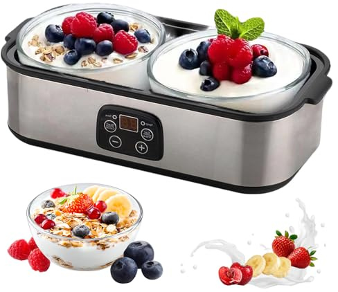 2000ml Yogurt Maker Machine Adjustable Temp Time with 2 Glass Jar | Stainless Steel Probiotic Yoghurt Maker 48H Timer LED Display for Healthy Homemade Yogurt & Dessert
