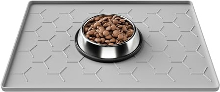 Pieviev Dog Bowl Mat, Food Grade Silicone Tray for Cats Dogs & Pet, 30x40cm | waterproof food mat for floor, non-slip cat feeding placemat, spill-proof raised edge, wipe clean, puppy & kitten, light grey