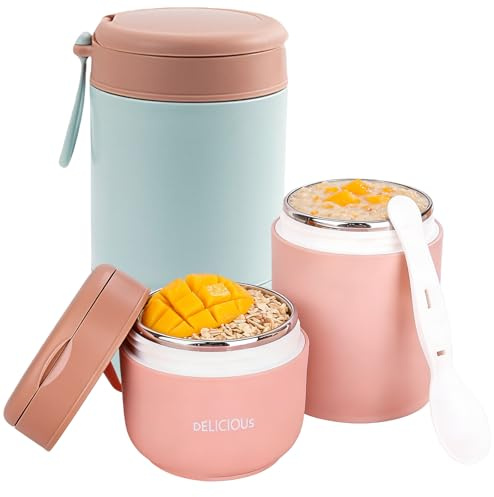 PRITOK Edelstahl Thermobehälter für Essen: 3 Stück Thermoschüssel, Vakuum Isolierte Thermo Lunchbox, Thermobecher Essen to go Warmhaltebehälter(Blau+Rosa+Weiß) (Rosa+Grün)