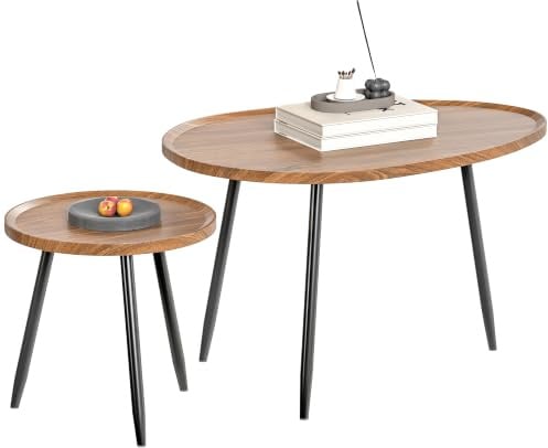 HOMCOM Set di 2 Tavolini da Salotto Sovrapponibili Moderni Colore Noce | Coppia Tavoli Bassi, in Legno e Metallo, per Ufficio, Soggiorno e Camera