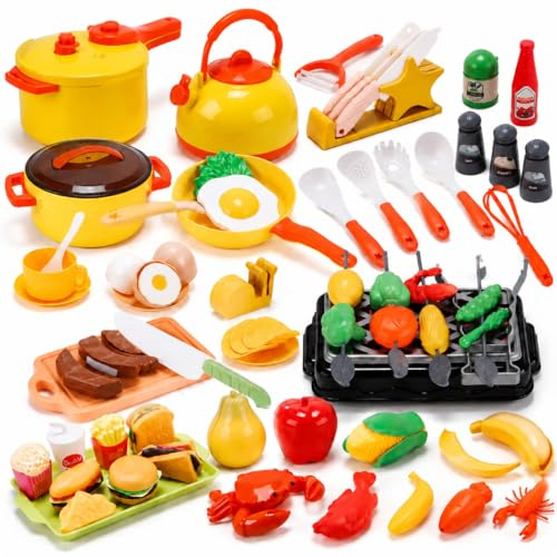 CUTE STONE Toy Kitchen Accessories, Kids Kitchen Playset with Toy Pots and Pans, Cookware Toys with Toy Food Set & Pretend BBQ, Pretend Toy Kitchen Sets Learning Gift for Girls Boys