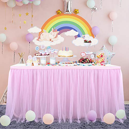 HBBMAGIC Rosa Gonna da Tavolo in Tulle Gonne da Tavolo tutù per Festa di Nozze Festa di Compleanno Decorazione Baby Shower, L183 × H76cm Gonne da Tavolo con Rifiniture Dorate