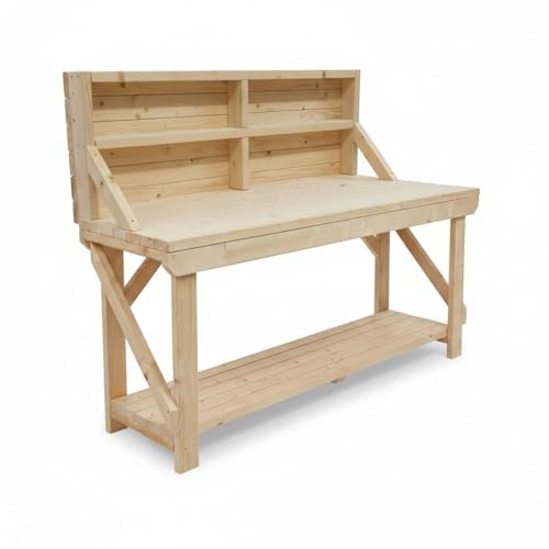 Arbor Garden Solutions 4ft ACORN Solid Timber Workbench with Back Panel - Heavy Duty Static Wooden Work Table with Bottom Shelf (120cm)