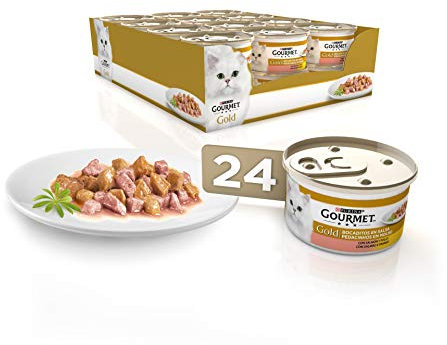 GOURMET Gold Bocaditos en Salsa, Comida Húmeda para Gato Adulto, Trocitos de Pollo y Salmón en Salsa, Pack de 24 Latas de 85 g