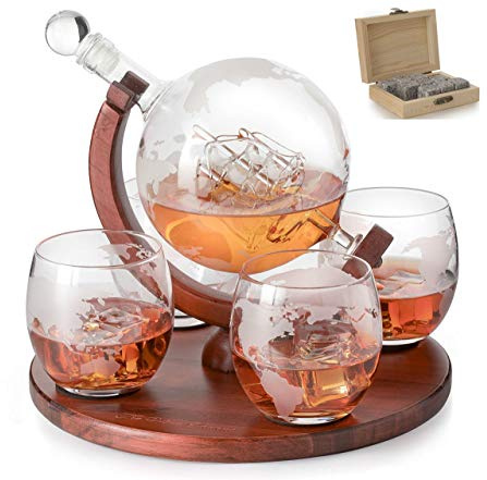 Etched World Decanter Whiskey Globe - The Wine Savant Whiskey Gift Set Globe Decanter with Antique Ship, Whiskey Stones and 4 World Map Glasses, Great Gift - Alcohol Related Gift, Home BAR Décor