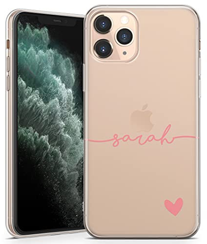 TULLUN Personalised Phone Case for iPhone 11 Pro Max - Clear Soft Gel TPU Custom Cover Horizontal Name & Heart Design Bottom Individual Style Initials Text - Pink