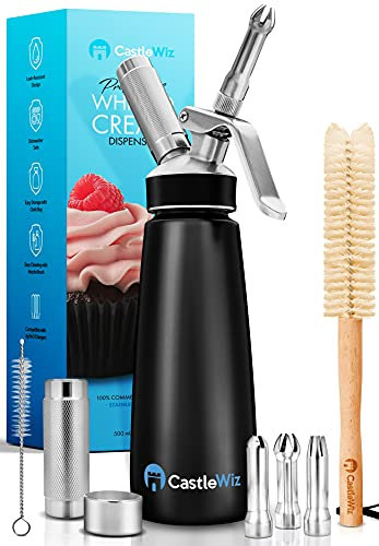 Whipped Cream Dispenser - Ultra Durable Leak-Free Stainless Steel Whipping Cream Dispenser - 3 Decorating Tips & 2 Cleaning Brushes - 1 Gripping Sleeve - Whipped Cream Maker - 500mL / 1 Pint Canister