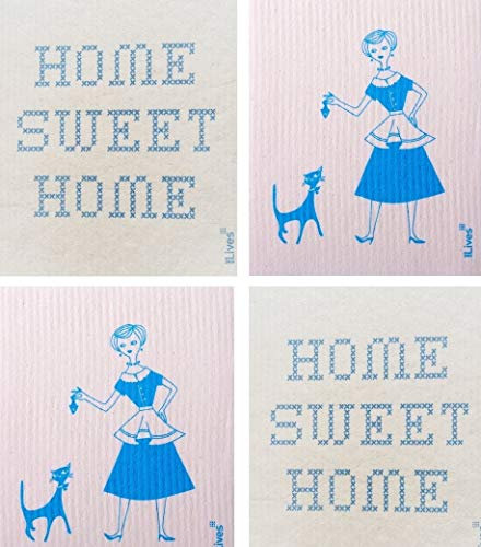 Ninelives Spültuch Home Sweet Home und Frau + Katze im 4er-Set | Tücher aus Baumwolle und Zelllulose für Geschirr, Küche, Bad | Schwammtuch I Putzlappen