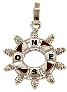 generico Ciondolo in Oro Bianco, 18K, 750, A Forma di TIMONE con Rosa dei Venti Smaltata, Diametro 2.2 CM