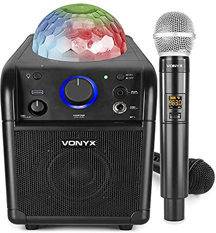 VONYX SBS50B Kids Karaoke Machine with Wireless Microphone System & Speaker, Children's Singing Machine Set with Bluetooth, Disco Light, Echo Effect, Rechargeable Portable Party Kit, Black