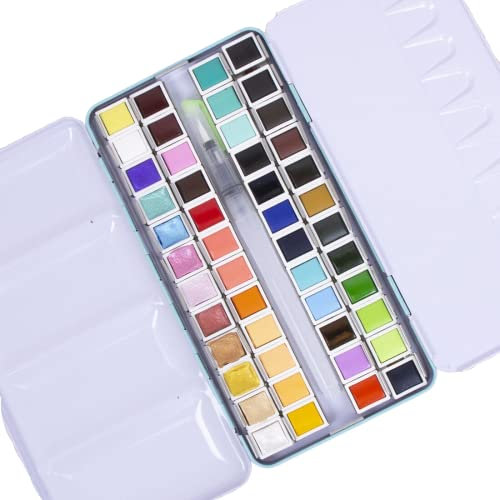 Craftelier - Watercolour Paste Box mit Sortiment von 48 Farben + Wasserpinsel für Kalligraphie, Lettering oder Mixed Media und andere Bastelarbeiten | Hohe Pigmentierung