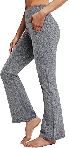 Promover Yogahose Damen Schlaghose Sporthose Lang Flared High Waist Leggings Bootcut Hose Mit Taschen(Platz Dye Grau,XL)
