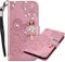 MRSTER iPhone 13 Pro Max Case, Flip PU Leather Wallet Phone Case with Wrist Strap Handmade Bling Diamond Protective Cover for Apple iPhone 13 Pro Max (6.7). Owl Rose Gold