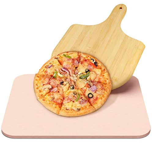 Pierre à Pizza en cordiérite avec pelle en bambou pour cuisson au four parfaite de pizzas délicieuses avec une pâte croustillante grâce à la chaleur réfractaire de la plaque