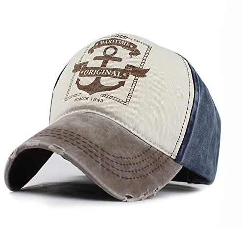 YULOONG Vintage-Baseballmütze Gewaschener Denim Modisches Ankermuster Outdoor-Sonnenhut für Männer und Frauen 100% Baumwolle A