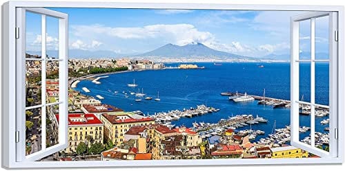 LuxHomeDecor Quadro finestra golfo di Napoli vesuvio Stampa su Tela con Telaio in Legno Arredamento Arte Arredo Moderno (140x70 cm)