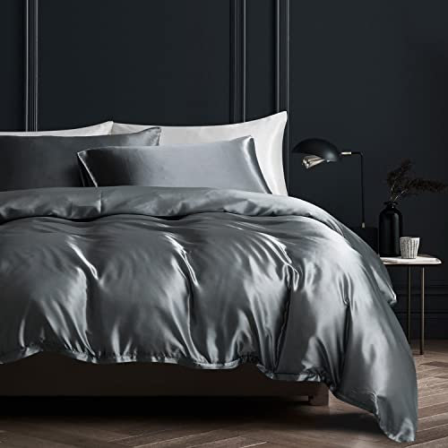 Gezu Housse de Couette Satin Gris Foncé 220x240cm Unie Lisse Soyeux Brillant Doux Soie Parure de Lit avec Fermeture Éclair Sets de Housse de Couette 2 Personnes avec 2 Taies d'oreiller 65x65cm