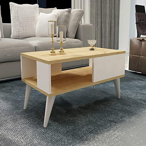 [en.casa] Couchtisch Ludvika Wohnzimmertisch mit Stauraum 90 x 45 x 40 cm Beistelltisch rechteckig Sofatisch Eichenoptik/Weiß