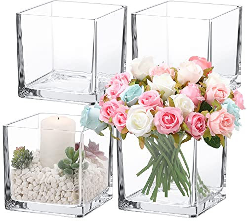 4 jarrones de cristal cuadrados de 6 x 6 x 6 pulgadas, cubos de vidrio decorativos transparentes y elegantes contenedores flotantes para macetas de flores, centros de mesa de boda