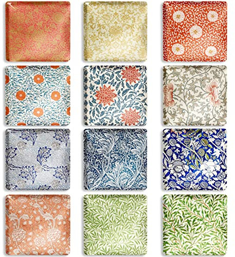 Berkin Arts 12Pcs Cute Square Crystal Glass Strong Magnetic Refrigerator Magnet Fridge Sticker Flower Floral Fashion Retro Small Gift for Whiteboard William Morris Series