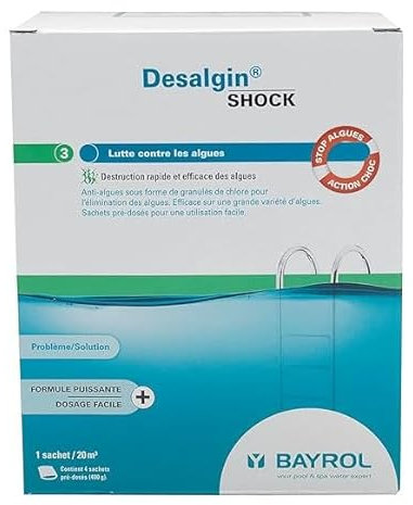 BAYROL DESALGIN Shock Granulés (Boîte de 4 sachets de 400g) - 1,6kg | Anti-Algues Curatif - Action Choc + 10 Tests HPS OFFERTS 6 en 1