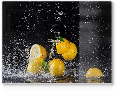 DEQORI Schneidebrett aus Glas | groß 40x30 cm | Motiv Zitronen und Wasserperlen | Design Schneideplatte für Küche | Frühstücksbrett antibakteriell & rutschfest | Glasplatte & Servierplatte