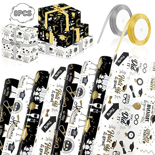 TOPJOWGA Geschenkpapier, 8 Stücke Abschluss Geschenkpapier mit 2 Rollen Band, 70 x 50 cm Hurra Prüfung Bestanden Geschenkpapier, Geschenkverpackung, DIY Wrapping Paper Geschenkpapier Mädchen Junge