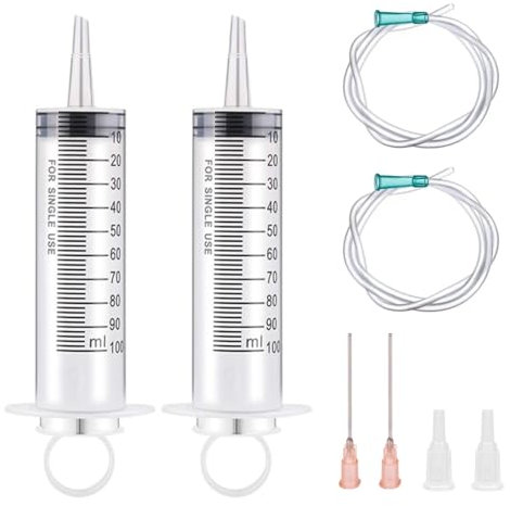 2 Stück Spritzen 100 ml/cc mit Schläuchen und stumpfen Nadeln, Wiederverwendbar, Einzeln Verpackung, Steril, Messflüssigkeiten, Pflanzenbewässerung, Tierfütterung, Wissenschaftliche Labors, Industrie