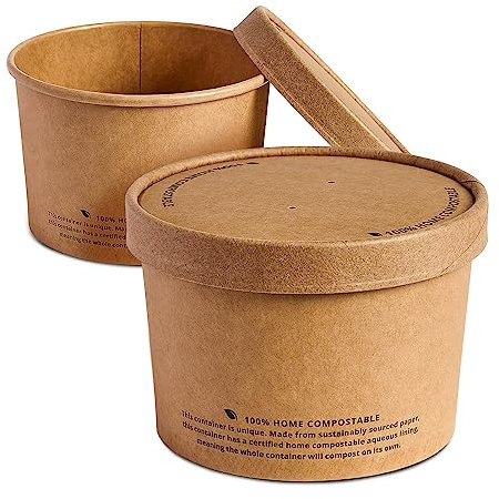 DISPOSABLE GREEN - NEXTGEN Kraft Paper Food Containers/Bowls, Leakproof-&-Oil-Proof Salad or Soup Containers, Ice Cream Tubs, Repulpable Takeaway Containers with Lids, 16oz, 50 Pieces