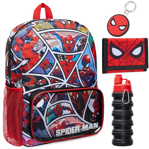 Marvel Spiderman Rucksack Kinder 4 Teilige Sets mit Trinkflasche und Federmäppchen Lunchtasche oder Schlüsselanhänger Geldbeutel Geschenk Idee (Spiderman)