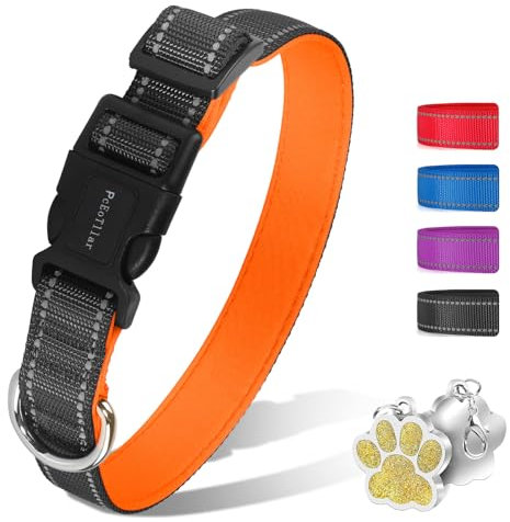 PcEoTllar Hundehalsband Gepolstert, Reflektierend Hunde Halsband für Kleine Hunde, Verstellbare Hundehalsband für Grosse Hund, Weich Neopren Halsbänder, Orange (25-35cm)