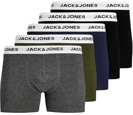 JACK & JONES Herren Unterhosen Shorts Boxershorts Trunks 5er Pack, Farbe:Mehrfarbig, Wäschegröße:M, Artikel:-Forest Night/navyblazer/DGM/Black/Black