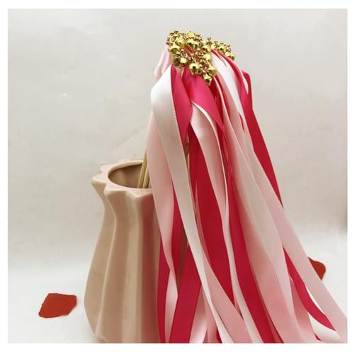 Hrlace Lot de 10 serpentins de mariage avec ruban de clochette - Baguettes magiques - Baguettes de fée - Baguettes porte-bonheur - Baguettes de fée en soie - Pour mariage, anniversaire, fête - Rose