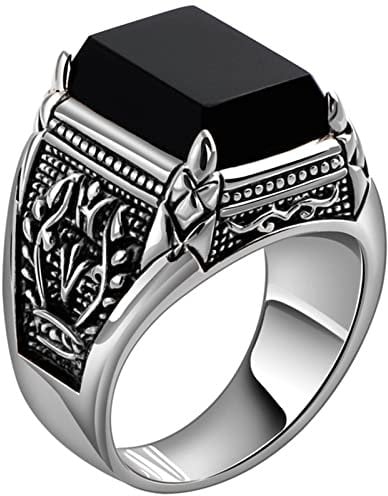 Herrenring Silber 925, Ring Herren Silber Schwarz Punk-Muster-Achat Achat Ringe für Herren Männer Größe 61 (19.4)