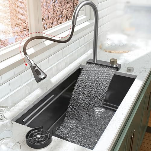 Fregaderos de Cocina de Acero Inoxidable bajo encimera s de un Solo tazón rectangulares con Grifo de Cascada (Negro, 60x40CM)