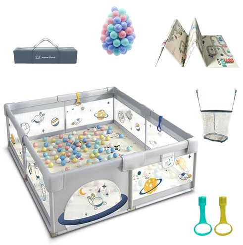 Joyeuse Planet - Laufstall komplett mit Matte, Laufgitter aus Oxford-Stoff, Aktivitätszentrum für drinnen und draußen, Laufstall mit atmungsaktivem Netz auf vier Seiten und Saugnäpfen (180 x 200 cm)