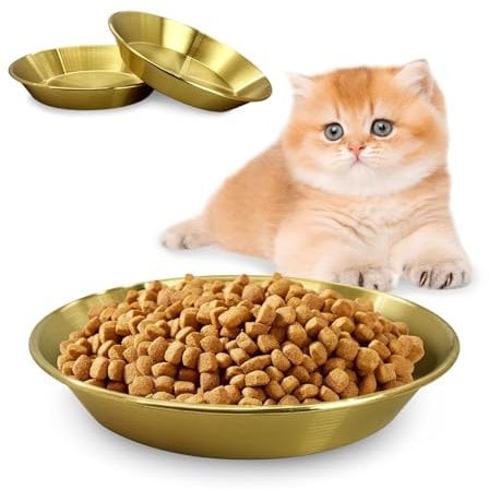 Fhiny 3Pcak Basic Cat Bowls, Stainless Steel Cat Dish Gold Dog Food Bowl Metal Whisker Friendly Wide Shallow Pet Feeder Plate Replacement Bowl for Elevated Stand Easy to Clean for Kitten Puppy (S:7in)