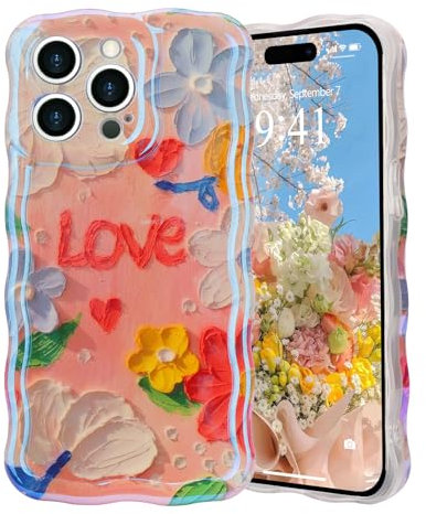 LAPOPNUT Kompatibel mit iPhone 14 Pro Hülle Vintage Ölgemälde Blume Mädchen Handyhülle Süße lockige Wellen Rahmenform Aesthetic Design Schutzhülle für iPhone 14 Pro Love Blumen
