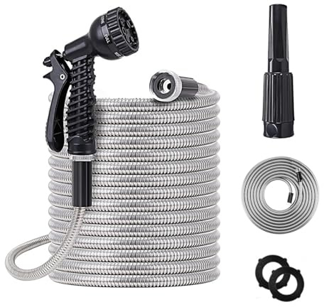30,5 m Metall-Gartenschlauch aus Edelstahl, robuster Wasserschlauch mit 2 Düsen, kein Verheddern und Knicken, leicht und flexibel, robust und haustiersicher, Metall-Gartenschlauch für Hof, Wohnmobil