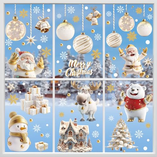 Hianjoo Vetrofanie Natalizie, 9 Fogli 110 Pezzi Adesivi Decorativi con Fiocchi di Neve in Oro Bianco Babbo Natale Alberi di Natale Elk Castle Regalo Adesivi elettrostatici in PVC
