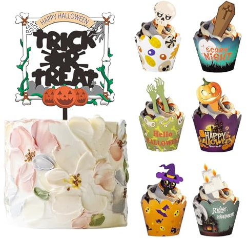 49 Stück Halloween Cake Dekorationen - Cupcake Topper, Deko, 1 Große Kuchendekoration + 24 Cupcake Wrappers + 24 Muffin Deko für Mottopartys