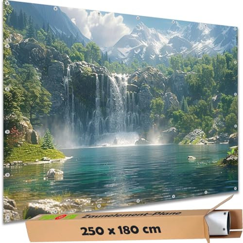 TRIOSK Sichtschutz Garten Deko Zaun Plane Blickdicht groß mit Zaunblende Motiv Wasserfall Schweizer Alpen Berg für Zaunelement Doppelstabmatten Stabmattenzaun Gartenzaun PVC 250x180 cm