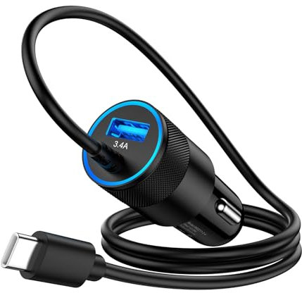 Caricabatterie Auto Con Cavo USB C, 3.4A Auto USB Accendisigari Adattatore Caricatore per Samsung S24/S23/S22/S21/S20/A55/A54/A53/A14/A15/Z Flip 5/4/3, iPhone 16/15/14,Pixel 8,Android ecc