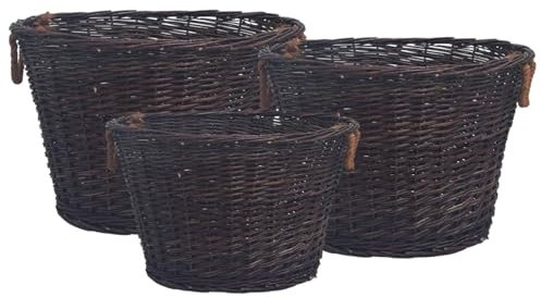 Homgoday Set aus stapelbaren Holzkörben, 3 Stück, dunkelbraun, Weidenkorb zur Aufbewahrung von Brennholz
