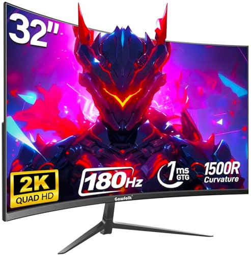 Gawfolk 32 Inch Curved Gaming Monitor QHD, 32 2K (2560x1440p) 180Hz PC Screen with AMD FreeSync, Flicker-Free, 2X HDMI 2.0, DP 1.4, Ultra-Thin Frameless 1500R PC Monitor