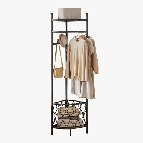 Refein Garderobenständer mit Aufbewahrungskorb, Freistehende Ecke Kleiderständer mit 4 Haken/Ablagen/Kleiderstange, Garderobe Flur für Schlafzimmer Wohnzimmer Eingangsbereich, Schwarz
