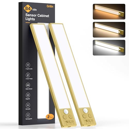 Gritin Lampe de Placard-84 LED Super Lumineuses,3 Couleurs&5 Luminosités, 4 Modes, Détecteur de Mouvement,Rechargeable 1800mAh Longue Durée-Installation Facile Lampe d'Armoire Magnétique Forte,Or